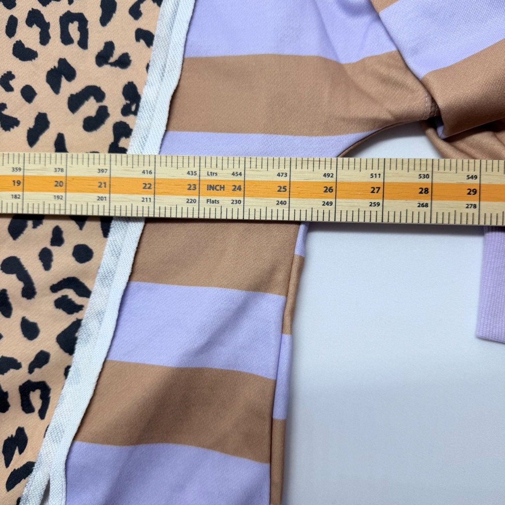 Mixed Media Leopard Striped Sweatshirt Lavender Tan XL Balloon Sleeve Split Hem - Picture 5 of 6